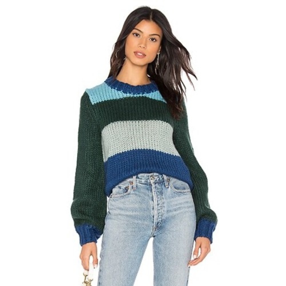 Rebecca Minkoff Jewel Sweater Chunky Knit Striped Wool Mohair Blue Green XXS